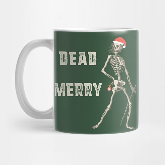 "Dead Merry" - sardonic holiday skeleton with festive Santa hat and bauble (light text) by PlanetSnark